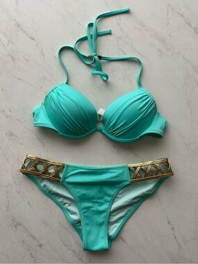 Victoria's Secret Turquoise Bikini with Gold Lattice Details